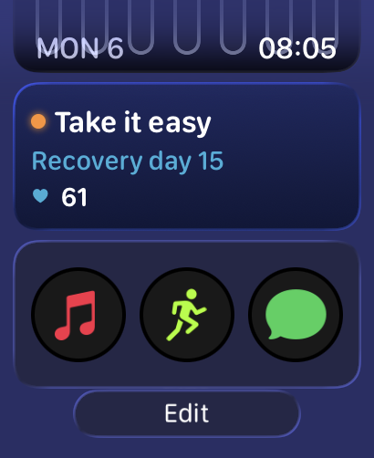 UltraPlanRun readiness complication in the Apple Watch Smart Stack, showing Take it easy, Recovery day 15 and resting heart rate