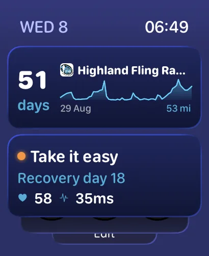 UltraPlanRun readiness complication in the Apple Watch Smart Stack showing Recovery day 15 and resting heart rate