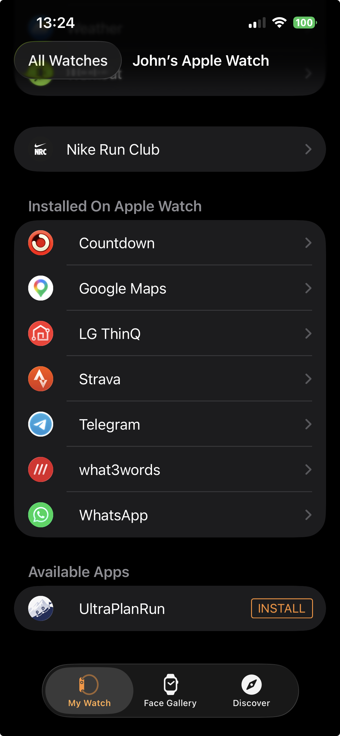 Installing the UltraPlanRun watch app from the Watch app on iPhone
