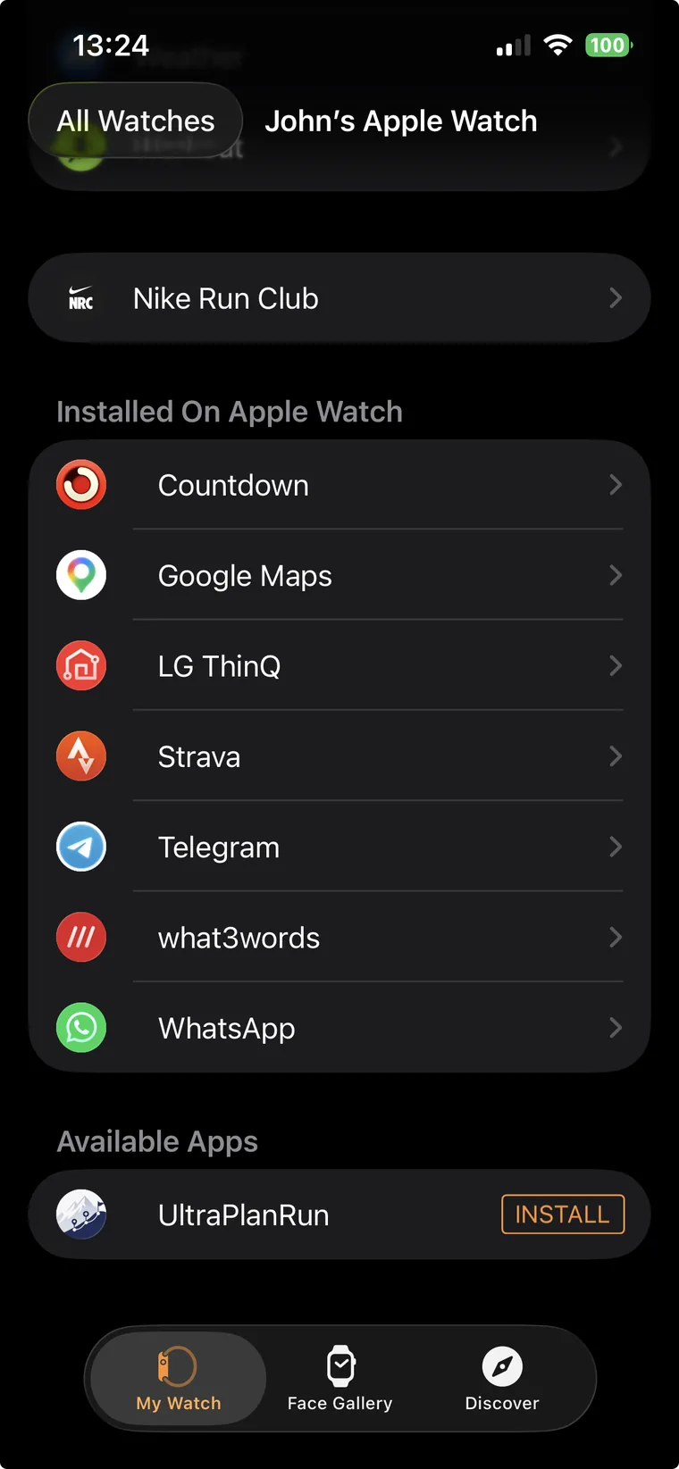 Installing the UltraPlanRun watch app from the Watch app on iPhone