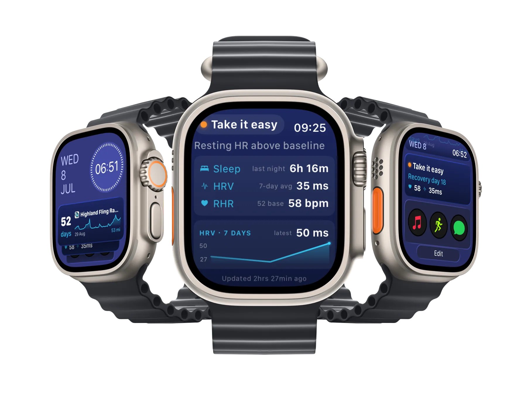 UltraPlanRun readiness on Apple Watch Ultra: a Smart Stack countdown showing days to race day, alongside the full readiness screen with a Take it easy band, sleep, HRV, resting heart rate and a 7-day HRV trend