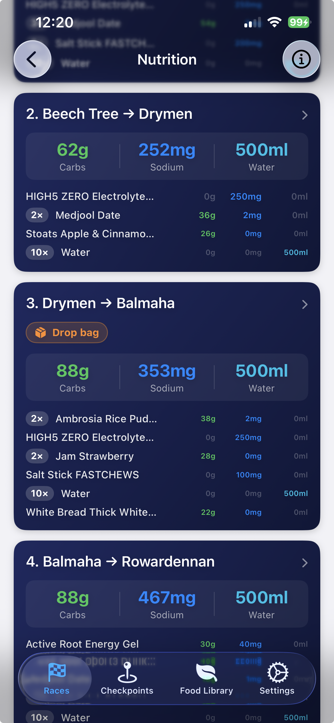 Nutrition per checkpoint with drop bag flag