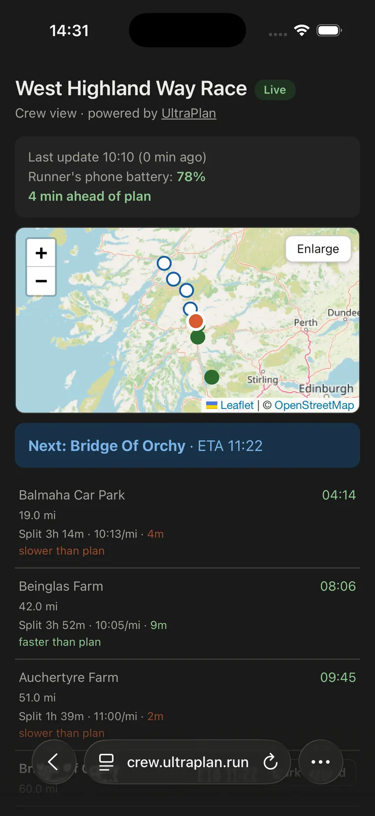 The crew's live page in a phone browser: live map with the runner's position, phone battery, splits and paces against the plan, and checkpoint ETAs