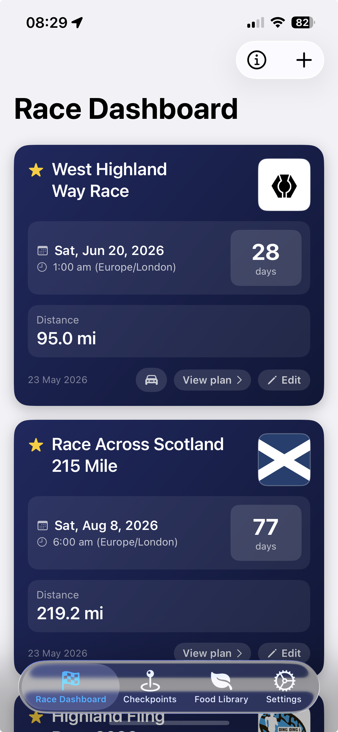 UltraPlanRun Races dashboard on iPhone showing Highland Fling Race 2026, West Highland Way Race and Run the Blades 50K with live countdowns