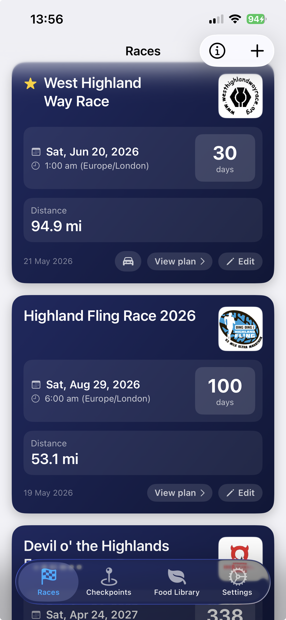 Races dashboard with multiple ultras and live countdowns