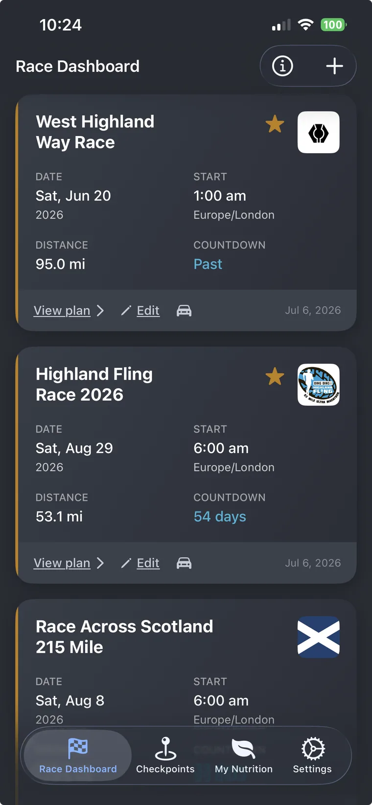 Races dashboard with multiple ultras and live countdowns