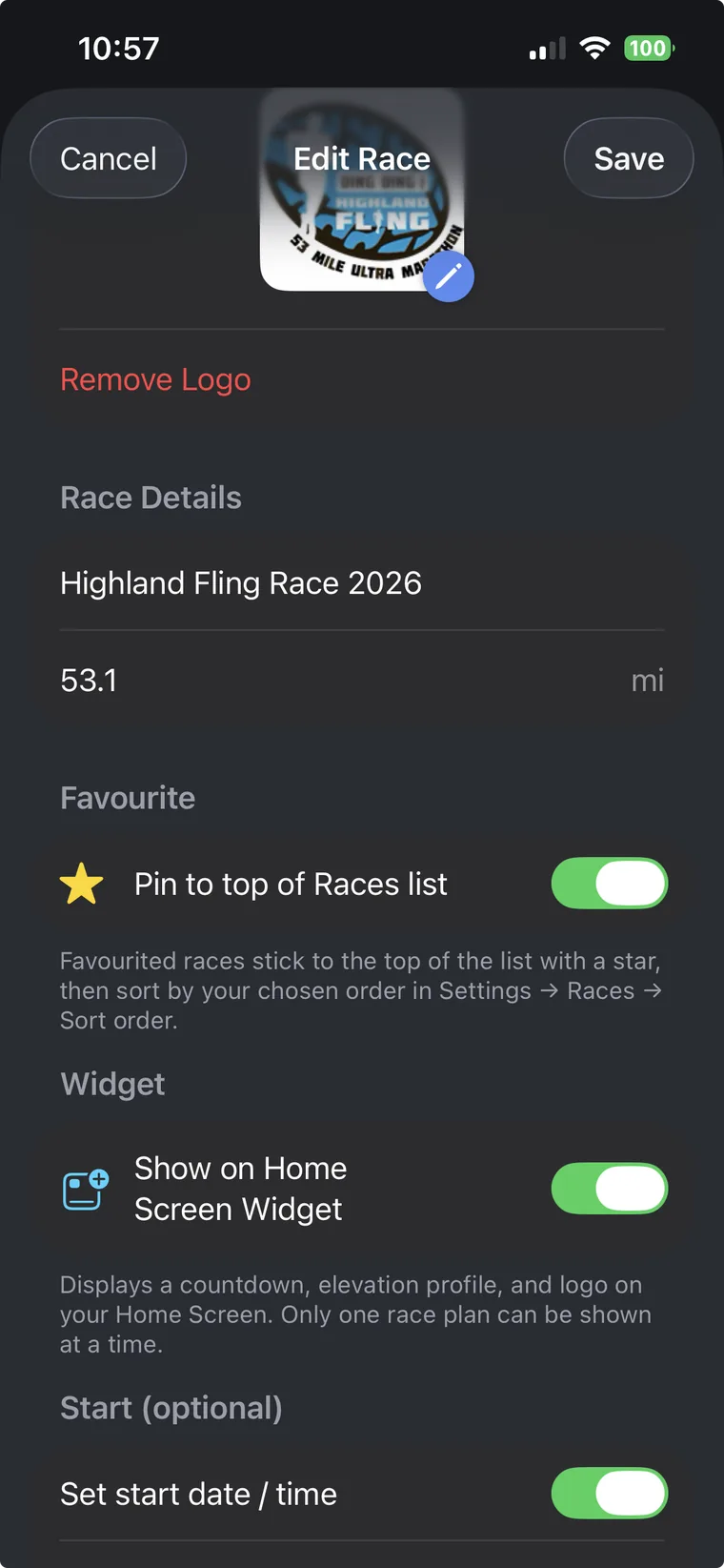 Edit Race settings screen showing the Show on Home Screen Widget toggle