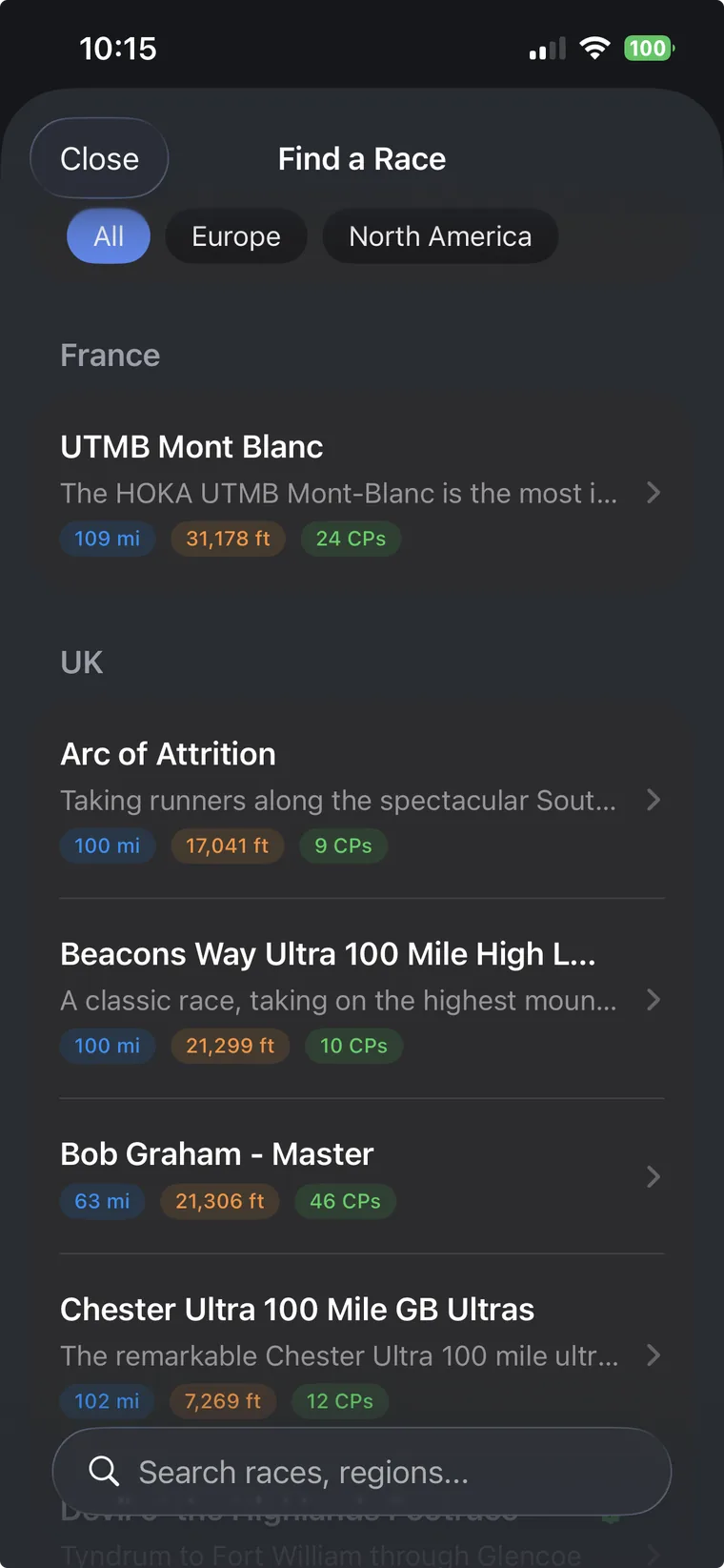 Find a Race library: searchable list of ultras with distance, elevation and checkpoints