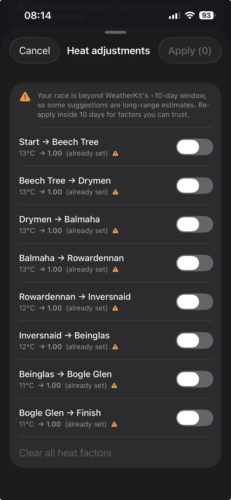Heat adjustments sheet listing every checkpoint with its forecast temperature, suggested heat factor and a toggle per row
