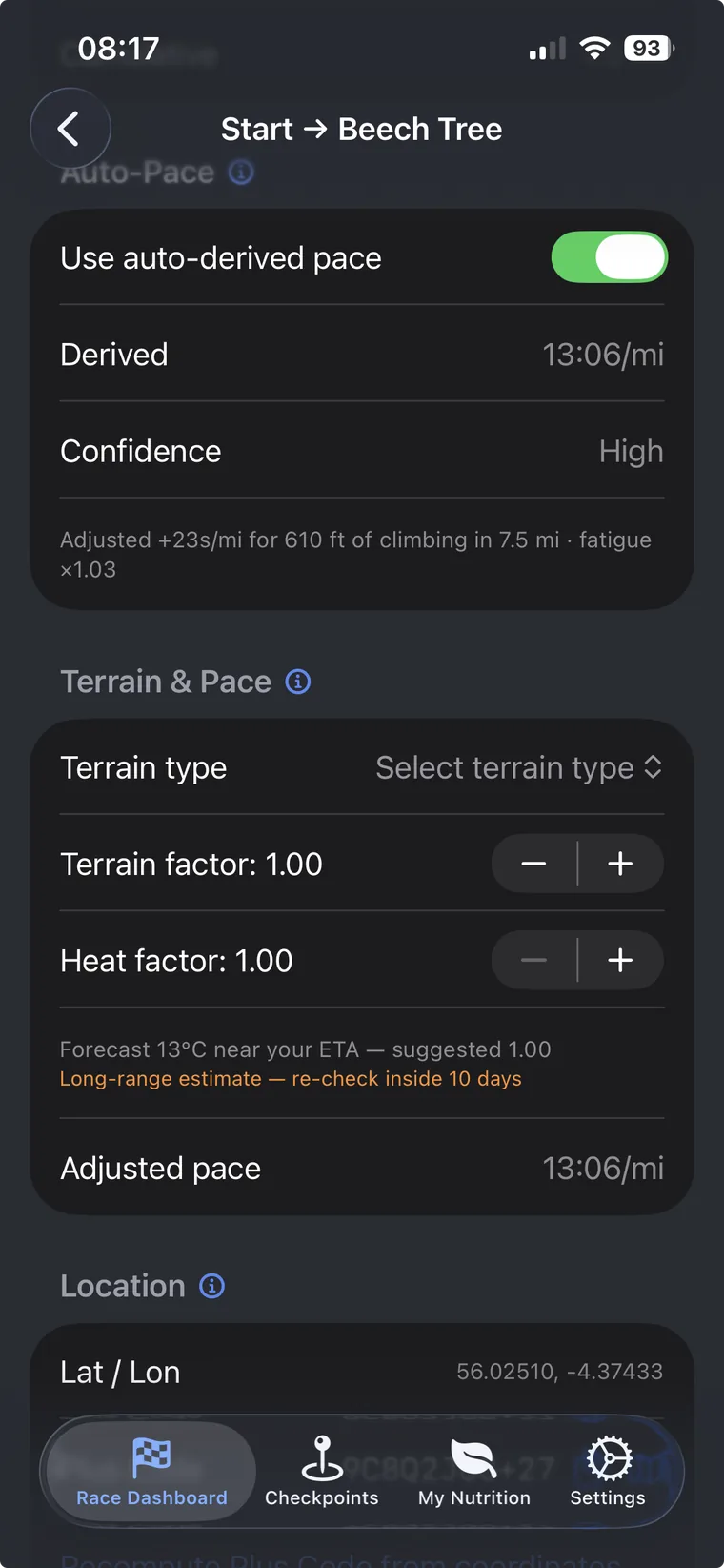 Checkpoint editor Terrain and Pace section with the heat factor stepper and a forecast-based suggestion under the terrain factor