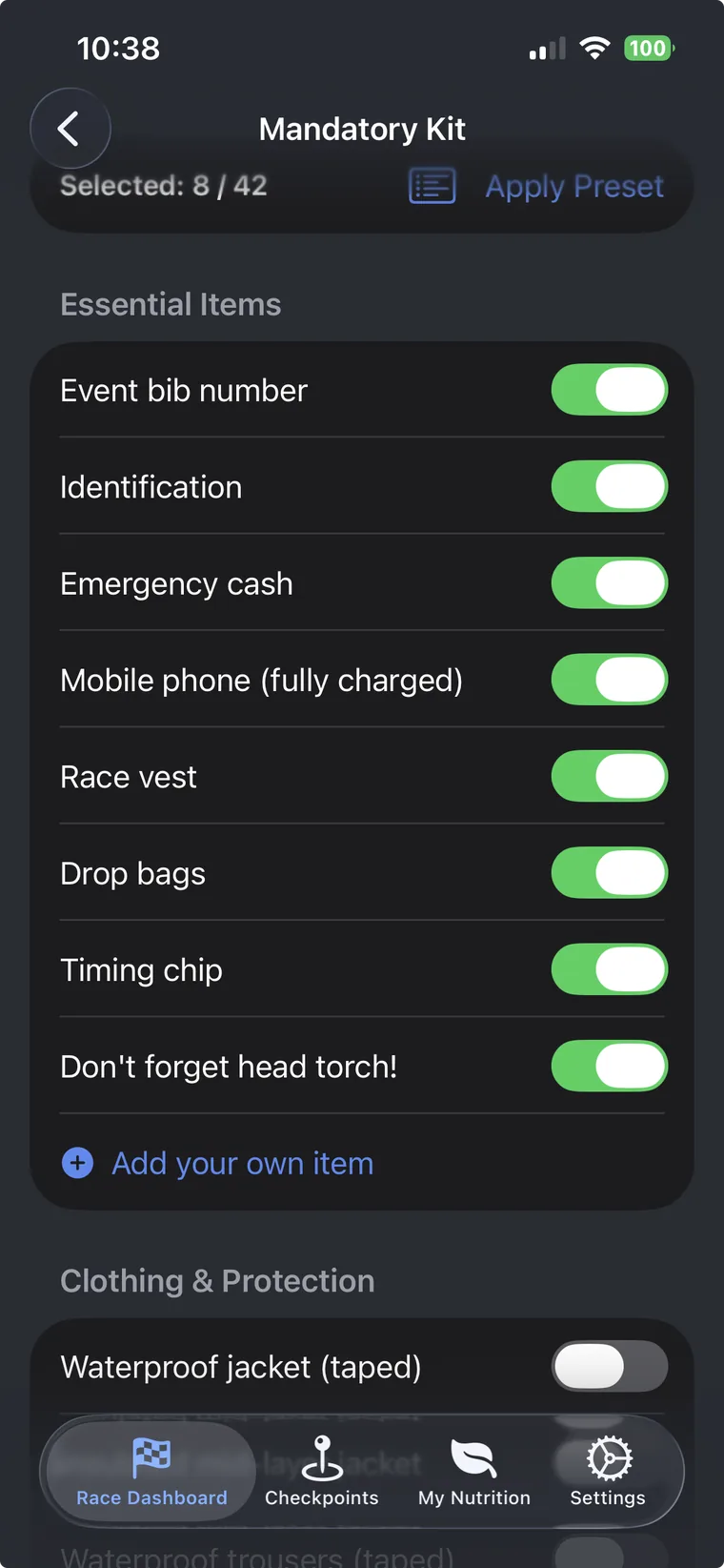 Mandatory kit checklist