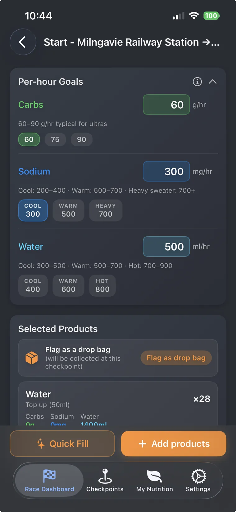 Per-hour goals editor with carbs, sodium and water targets and typical-range chips