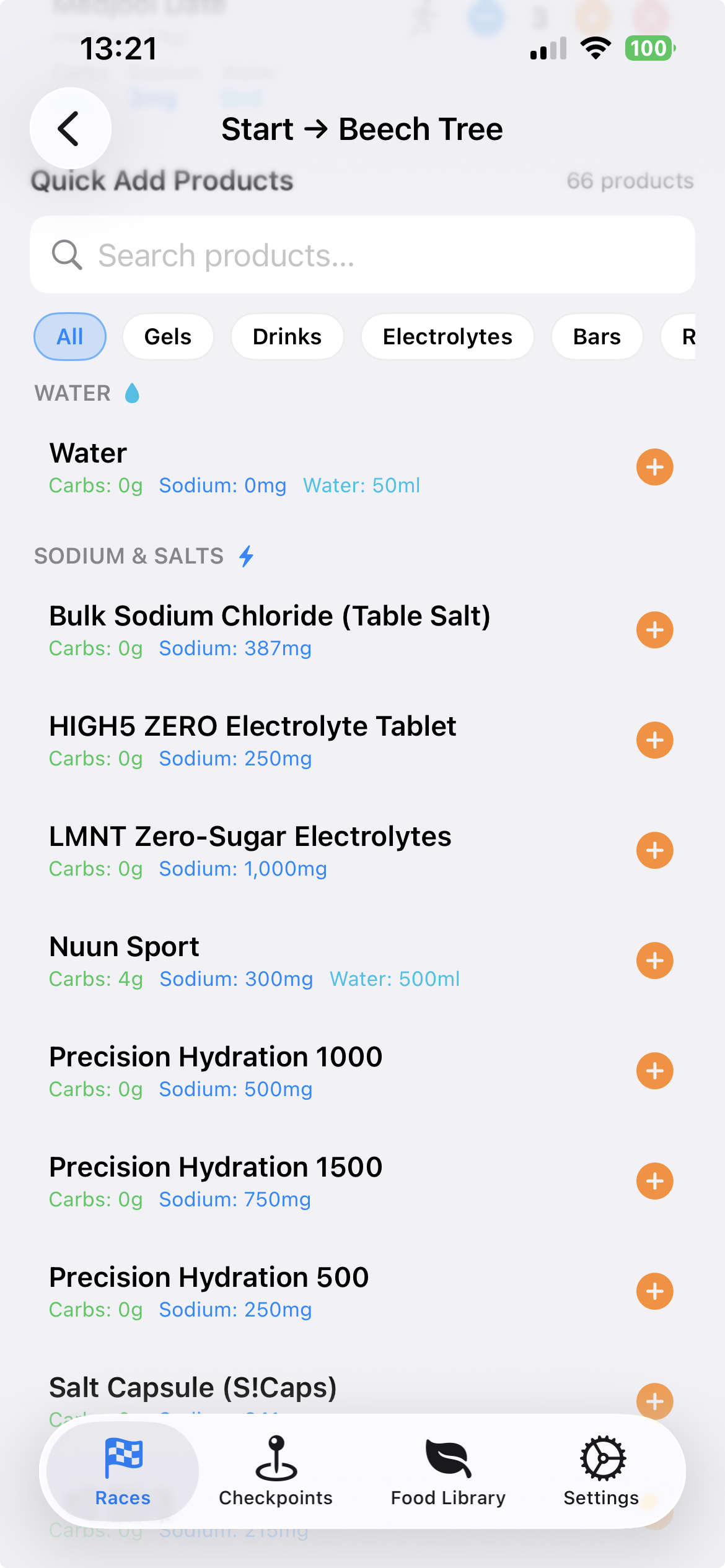 Quick Add Products catalogue showing water, sodium and salts categories with leading brand products