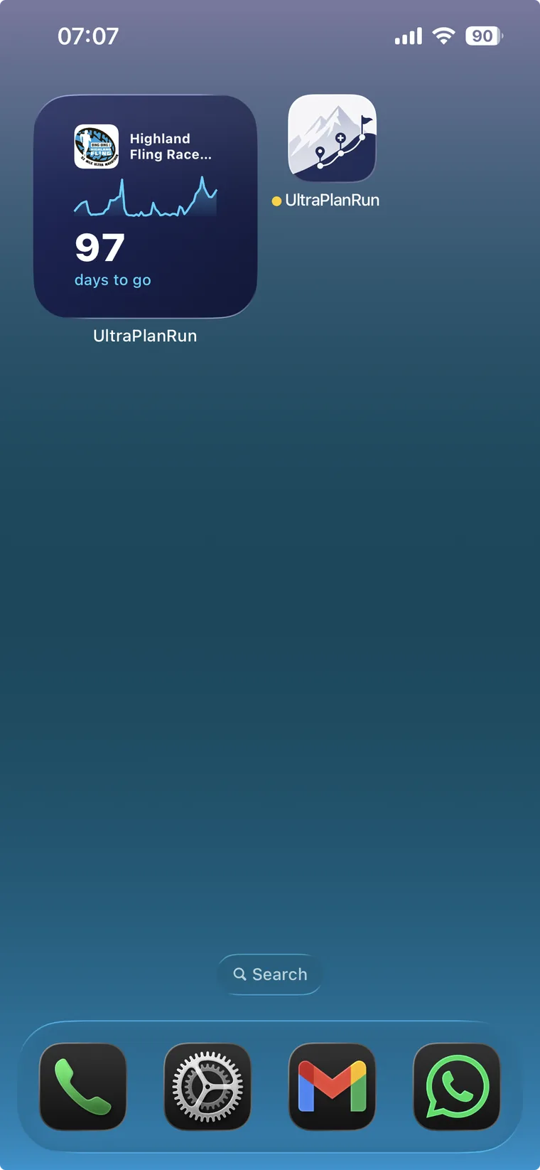 Home screen showing UltraPlanRun countdown widget without elevation profile