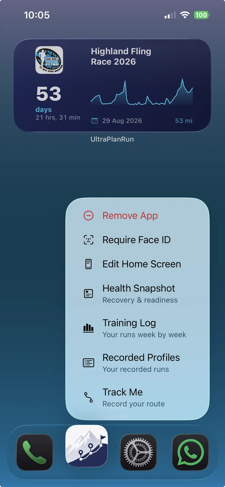 Home screen showing UltraPlanRun countdown widget with elevation profile