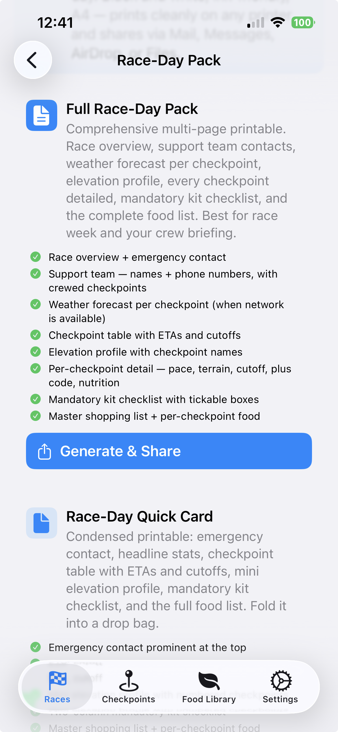 Race-Day Pack PDF generator showing two variants and contents checklist