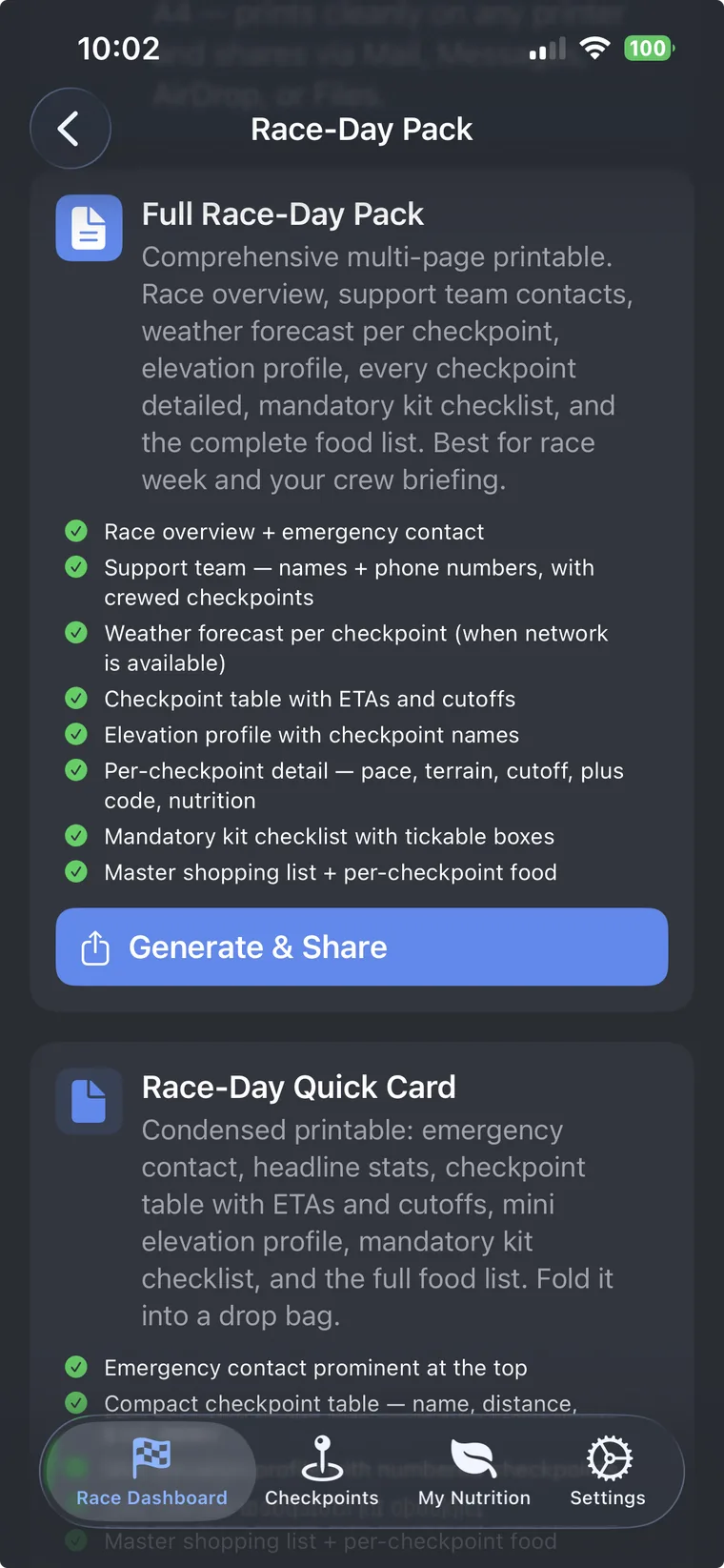 Race Day Pack PDF generator showing two variants and contents checklist