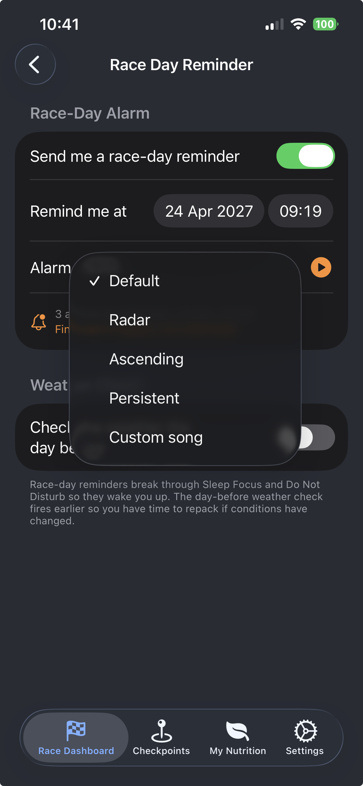 Race day reminder notification setup