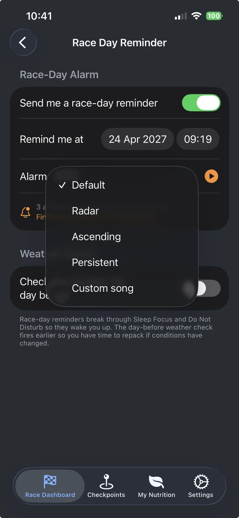 Race day reminder notification setup