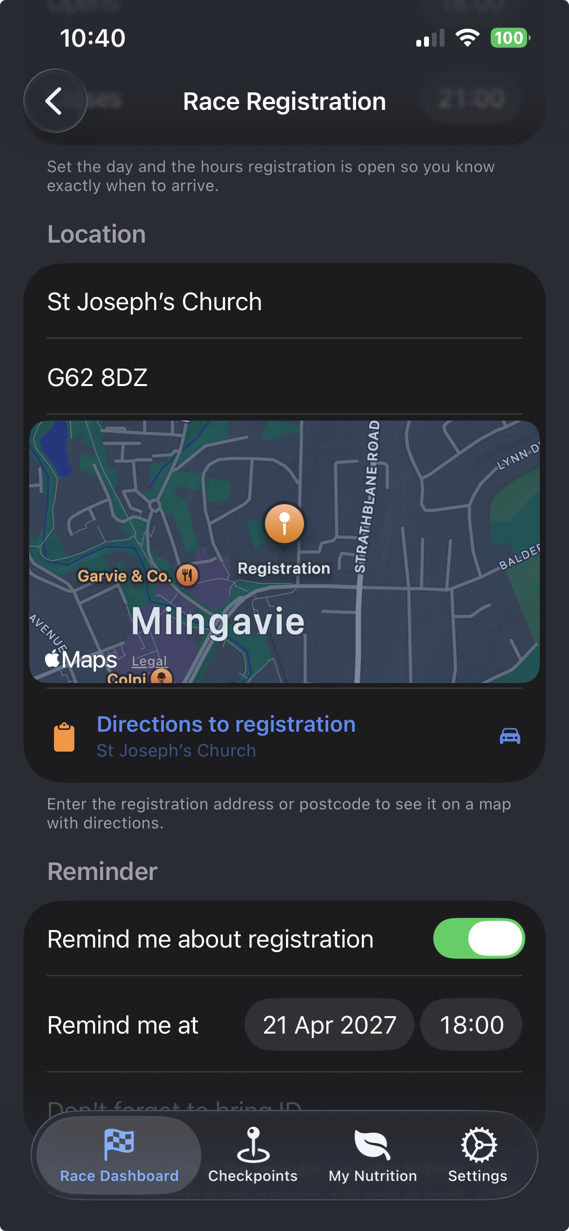 Race registration with map and directions