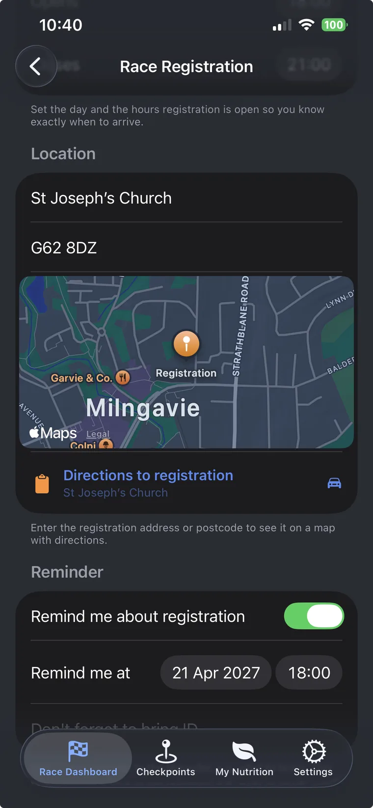 Race registration with map and directions