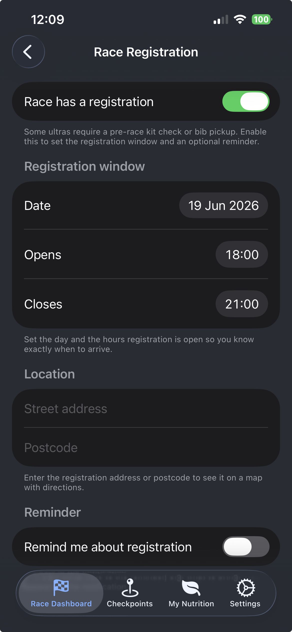 Race registration details with date, time and location