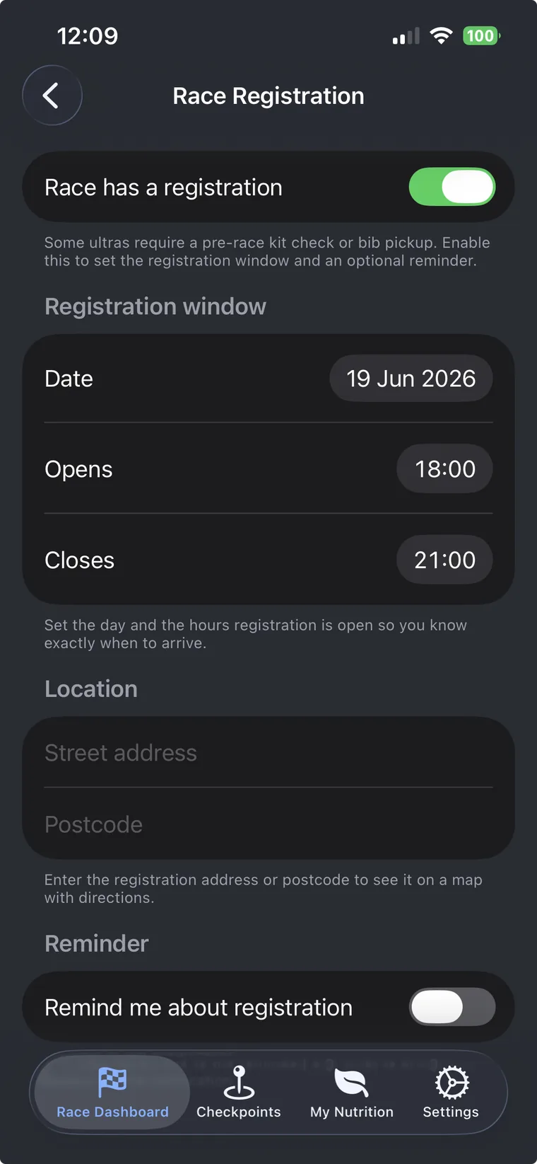 Race registration details with date, time and location