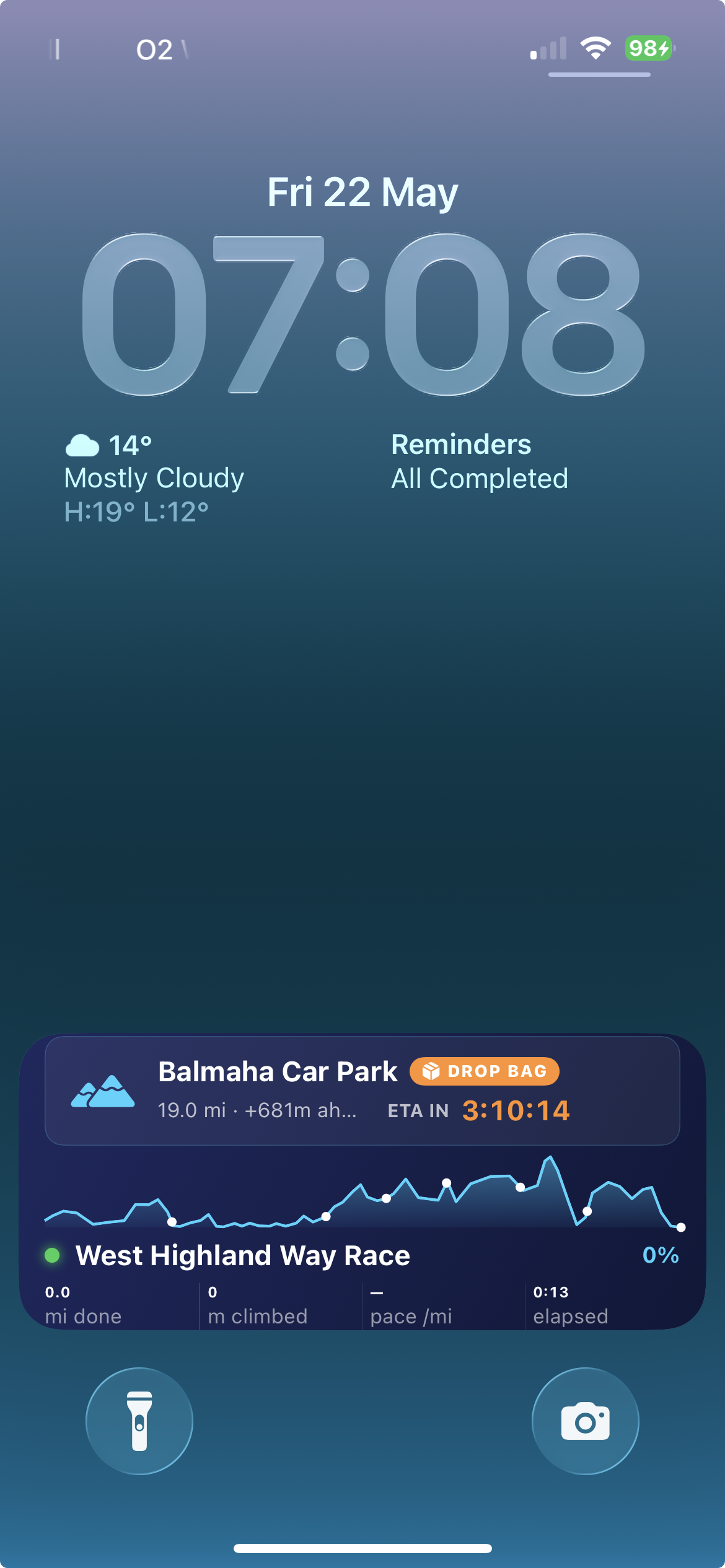 Lock screen widget showing next checkpoint ETA, distance and elevation
