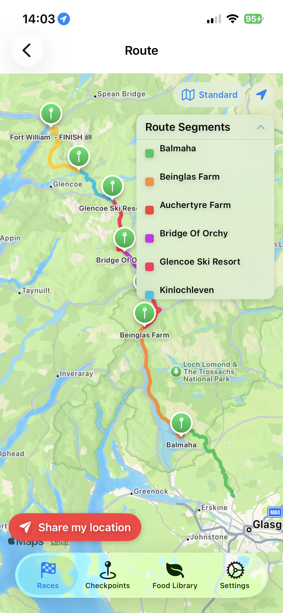 Interactive route map with colour-coded segments