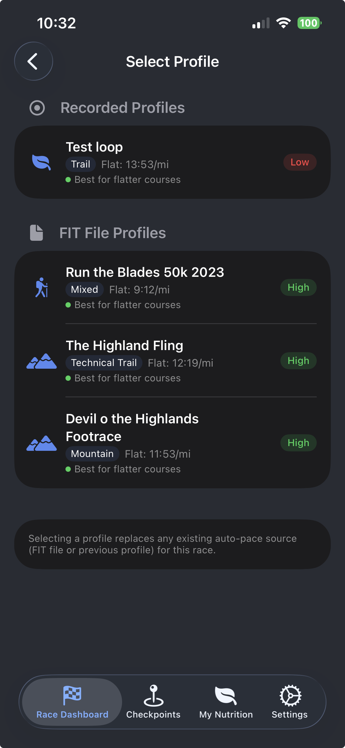 Select a pacing profile to apply to your race plan