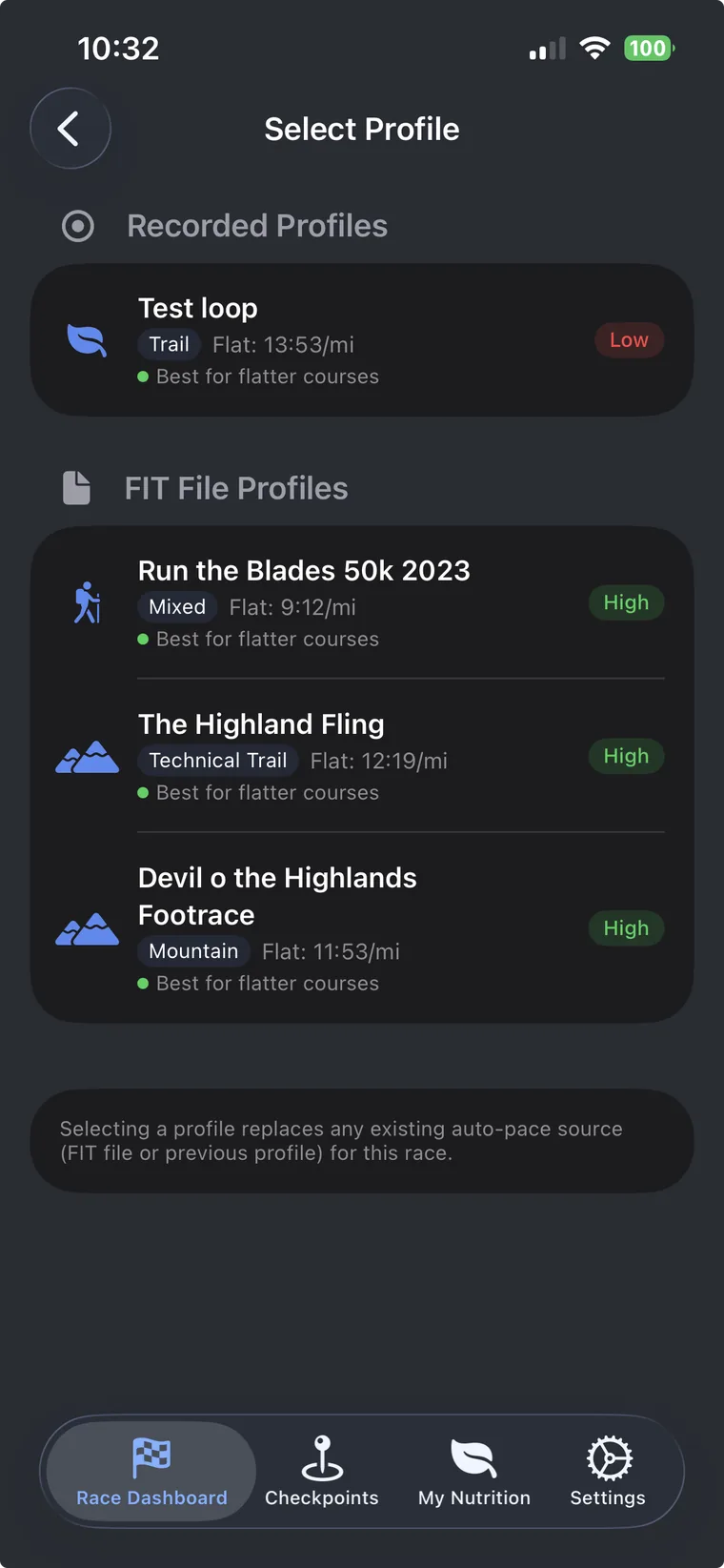 Select a pacing profile to apply to your race plan