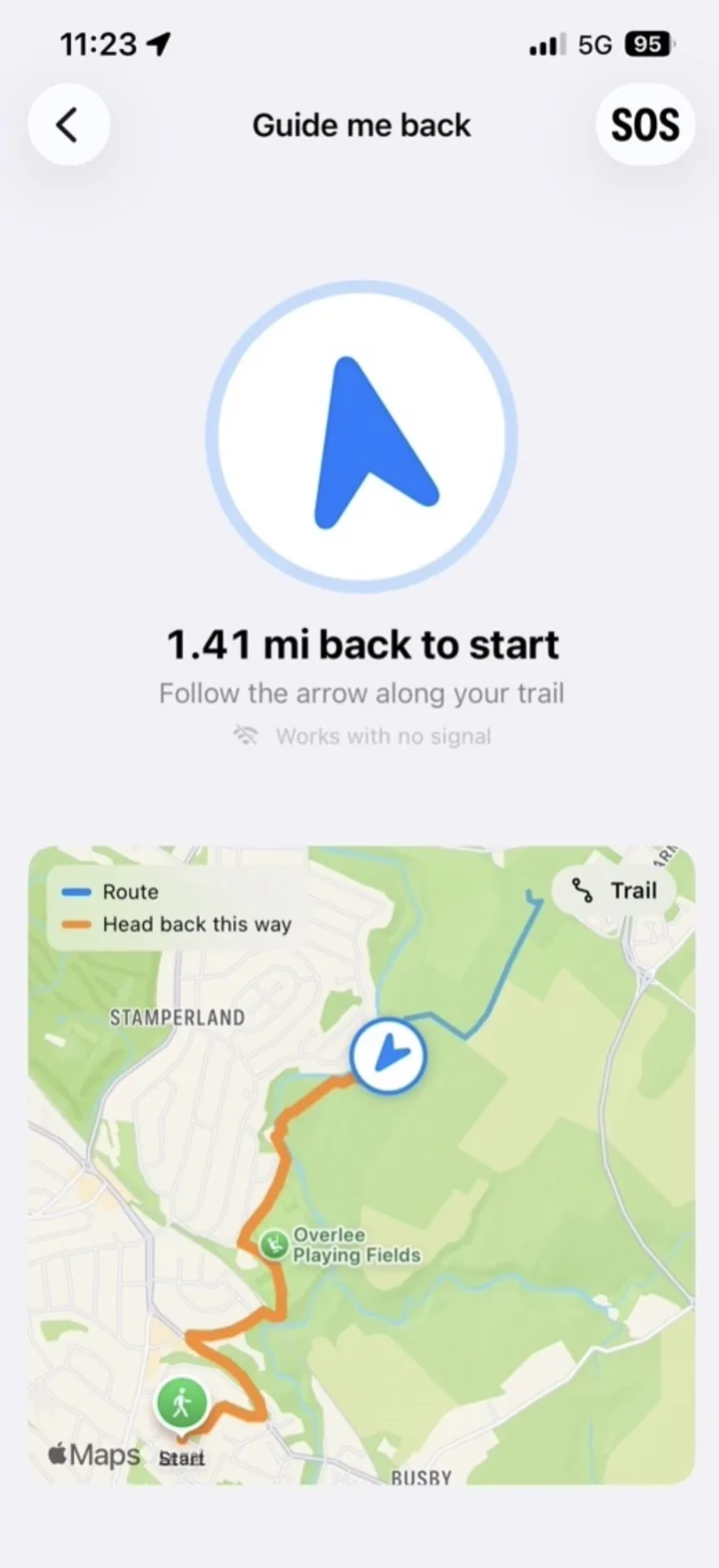 Guide me back compass pointing home with the route and the way back drawn on the map