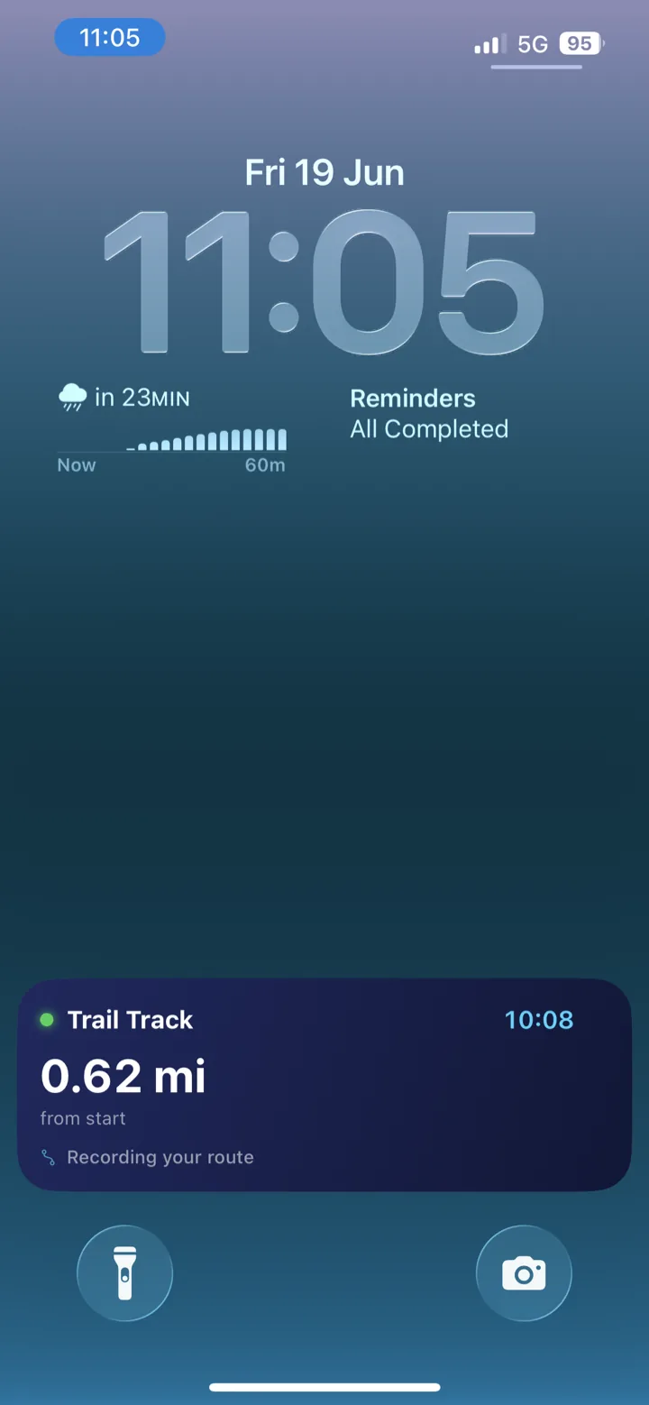 Lock screen Live Activity showing 0.62 miles from start and Recording your route