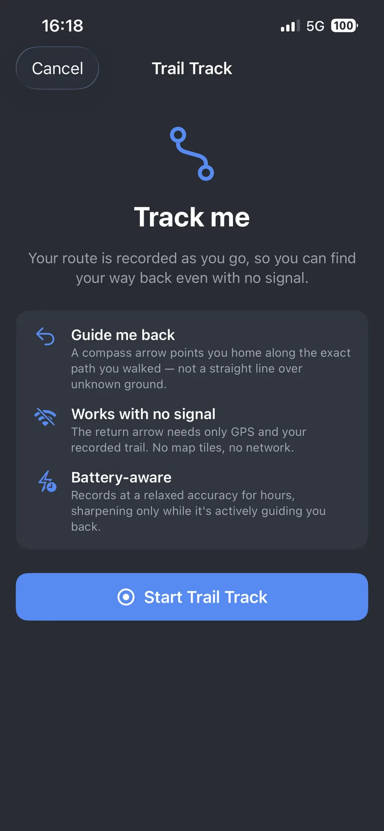 Track Me intro screen: guide me back, works with no signal, battery-aware, and a Start Trail Track button