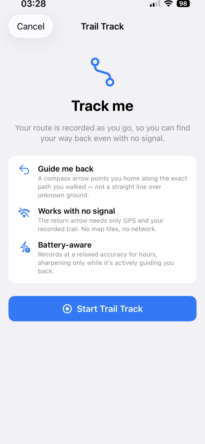 Track Me intro screen — guide me back, works with no signal, battery-aware, and a Start Trail Track button