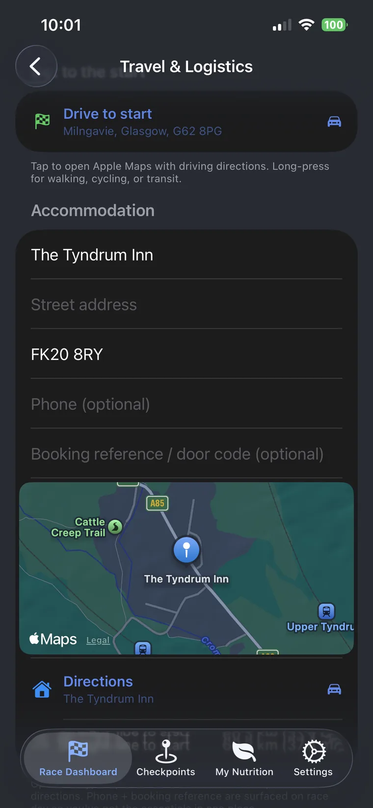 Travel and logistics screen with accommodation map