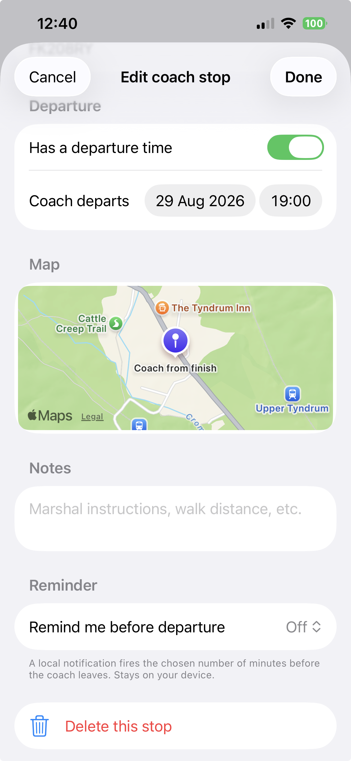 Coach stop notes and reminder