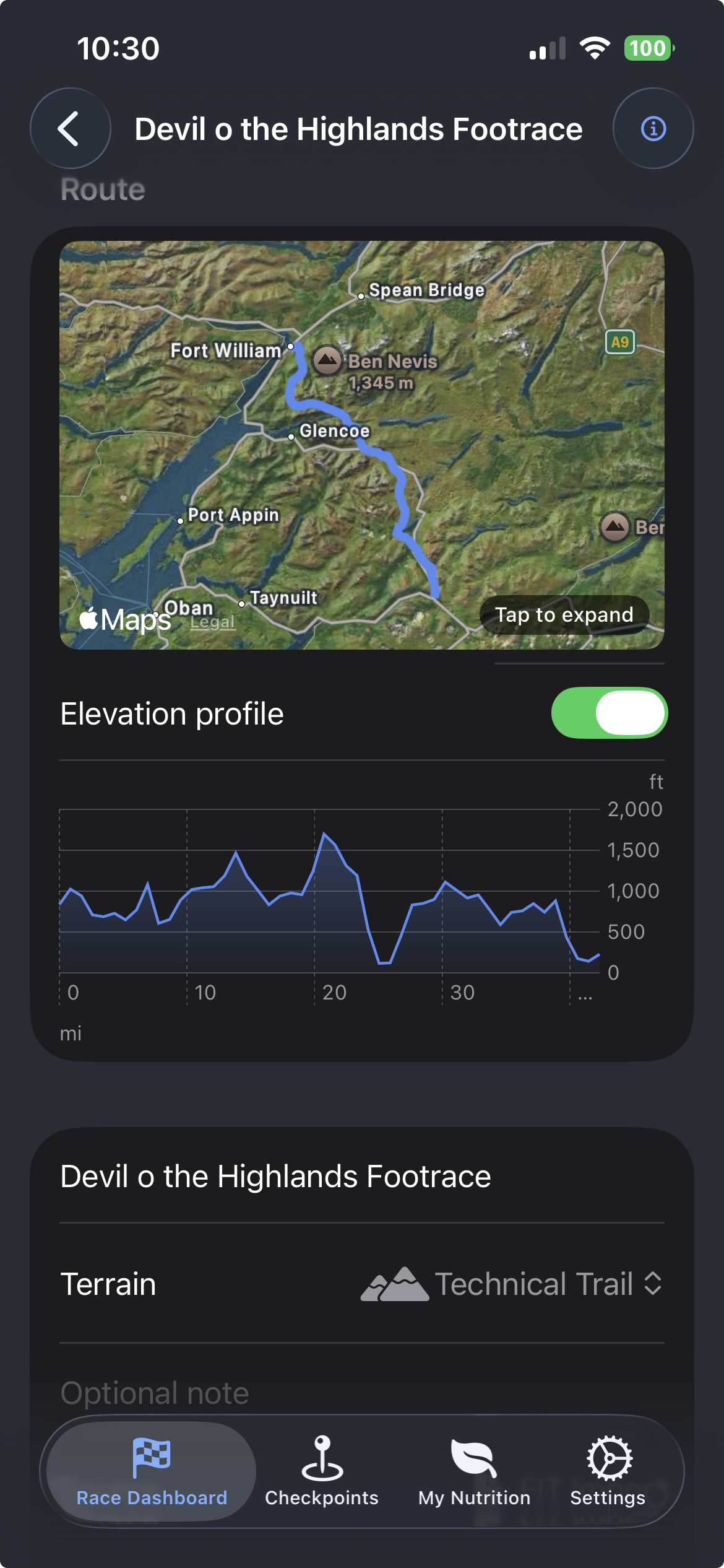 FIT profile detail showing grade-adjusted pace bands and route map