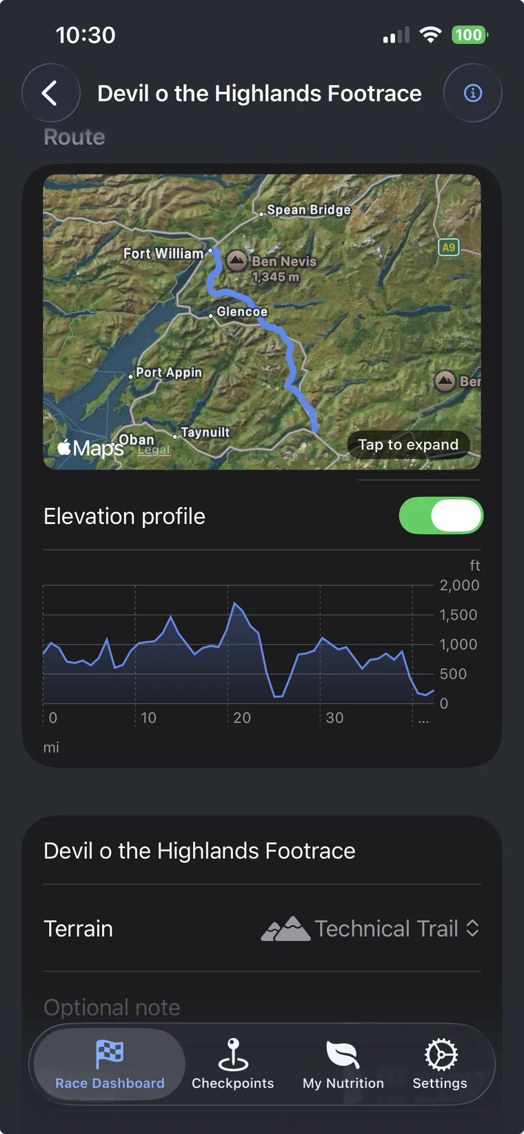 FIT profile detail showing grade-adjusted pace bands and route map